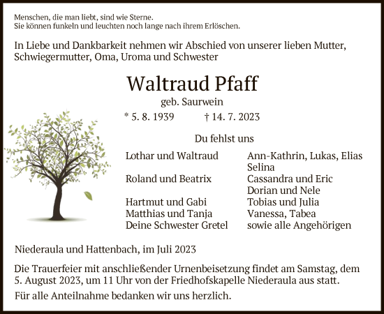 Traueranzeige von Waltraud Pfaff von HZ