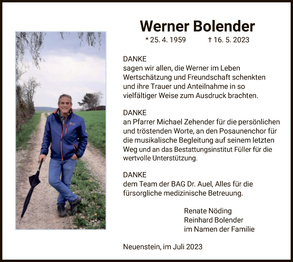  Traueranzeige für Werner Bolender vom 08.07.2023 aus HZ