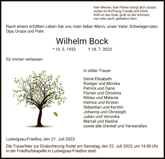 Traueranzeige von Wilhelm Bock von HZ