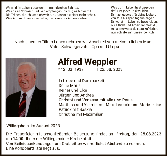 Traueranzeige von Alfred Weppler von HZ