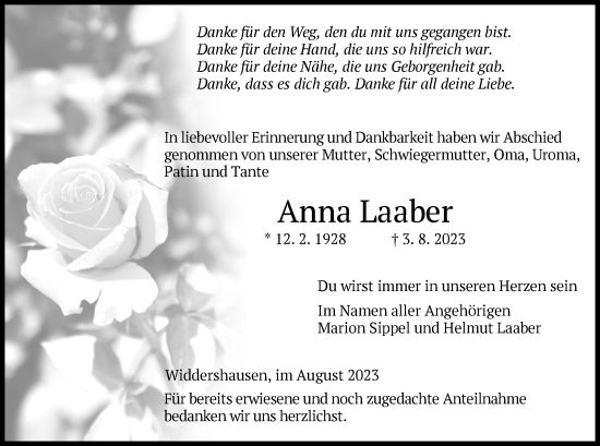 Traueranzeige von Anna Laaber von HZ