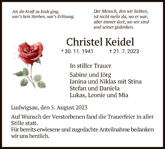 Traueranzeige von Christel Keidel von HZ