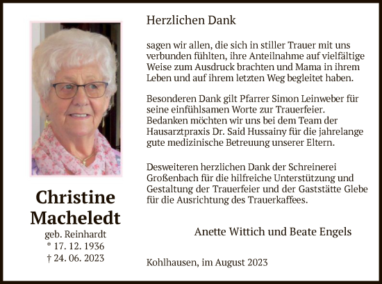 Traueranzeige von Christine Macheledt von HZ