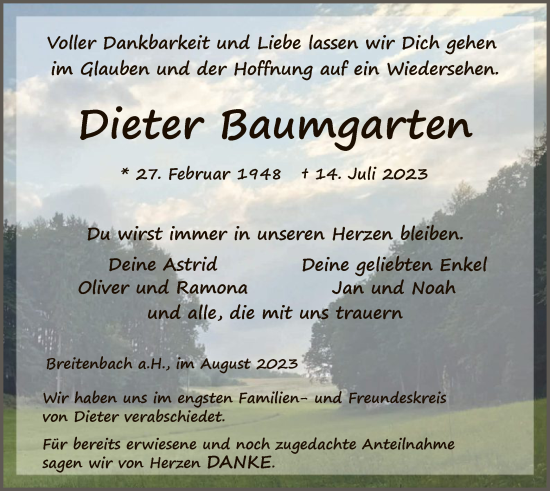 Traueranzeige von Dieter Baumgarten von HZ