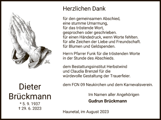 Traueranzeige von Dieter Brückmann von HNA