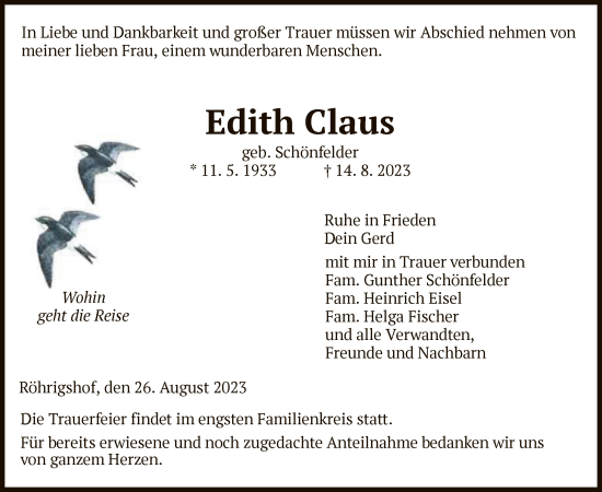 Traueranzeige von Edith Claus von HZHNAHNA