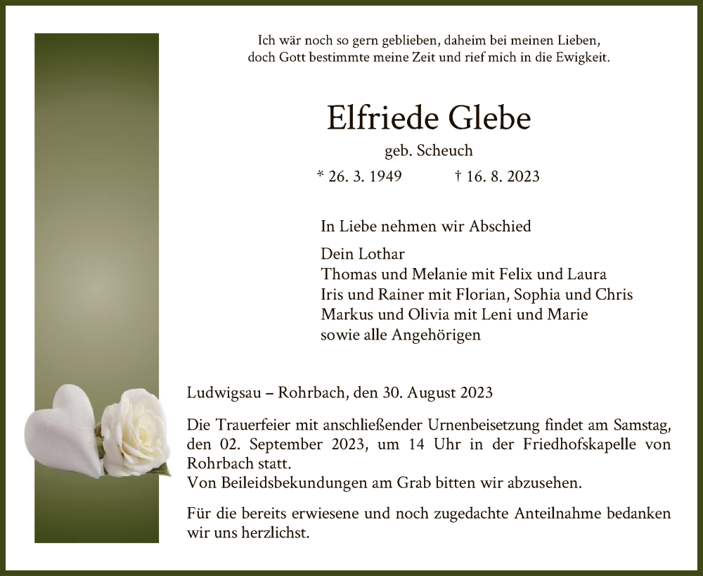  Traueranzeige für Elfriede Glebe vom 30.08.2023 aus HZ