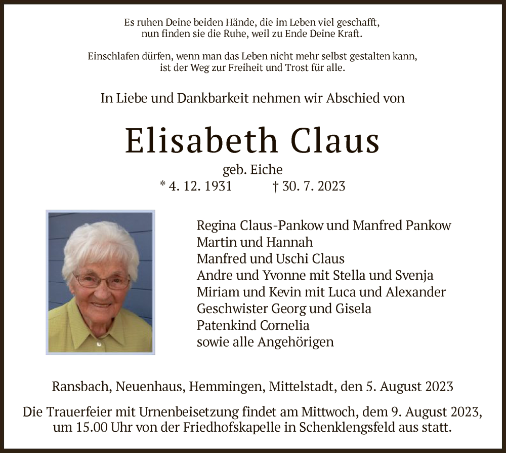  Traueranzeige für Elisabeth Claus vom 05.08.2023 aus HNA