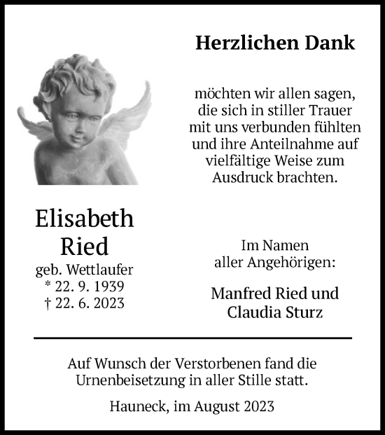 Traueranzeige von Elisabeth Ried von HZ