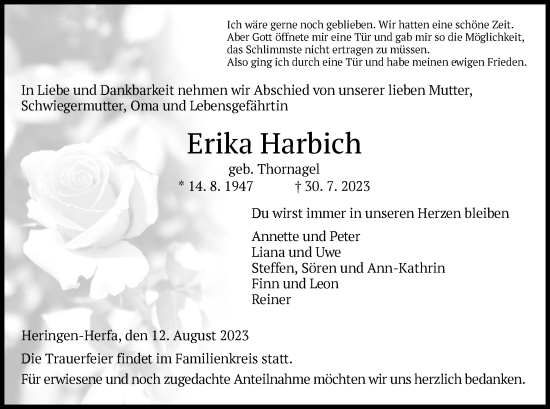 Traueranzeige von Erika Harbich von HZ