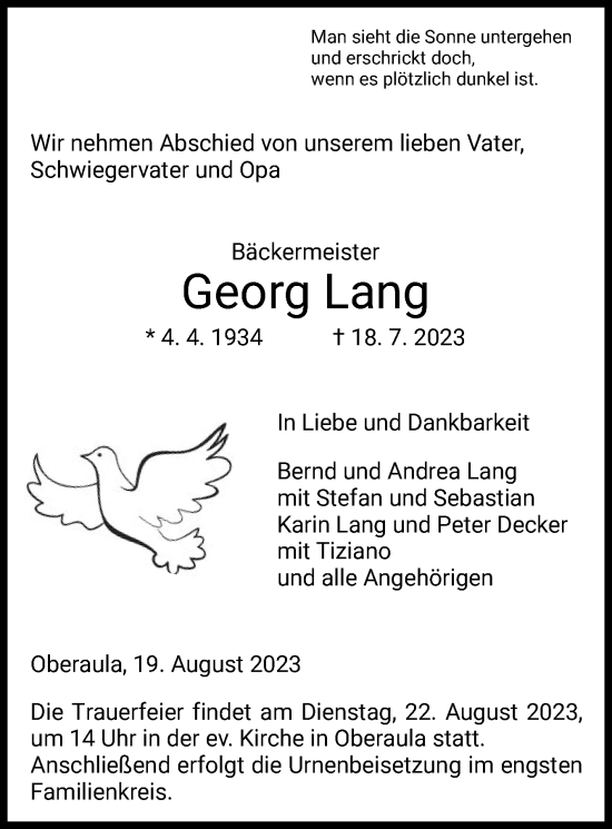 Traueranzeige von Georg Lang von HZ