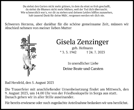 Traueranzeige von Gisela Zenzinger von HZ