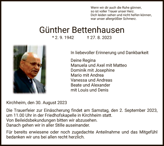 Traueranzeige von Günther Bettenhausen von HZ