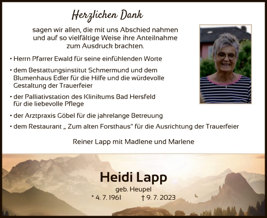 Traueranzeige von Heidi Lapp von HZ