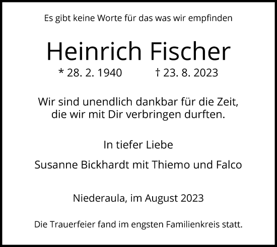 Traueranzeige von Heinrich Fischer von HZ