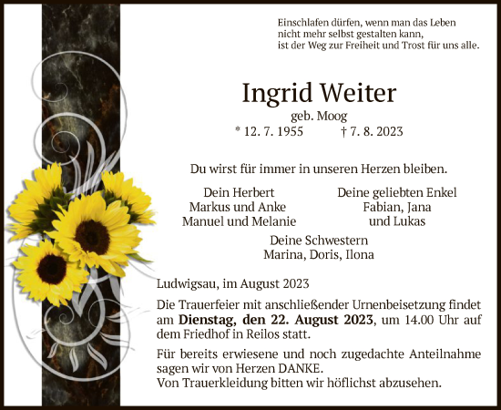 Traueranzeige von Ingrid Weiter von HZ