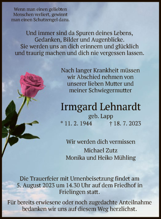 Traueranzeige von Irmgard Lehnardt von HZ