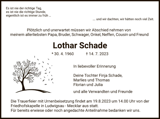 Traueranzeige von Lothar Schade von HZ