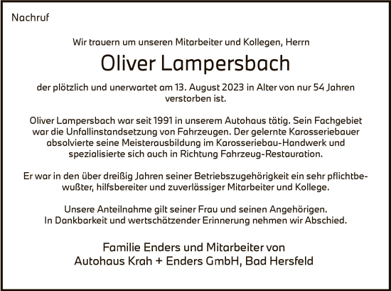 Traueranzeige von Oliver Lampersbach von HZ