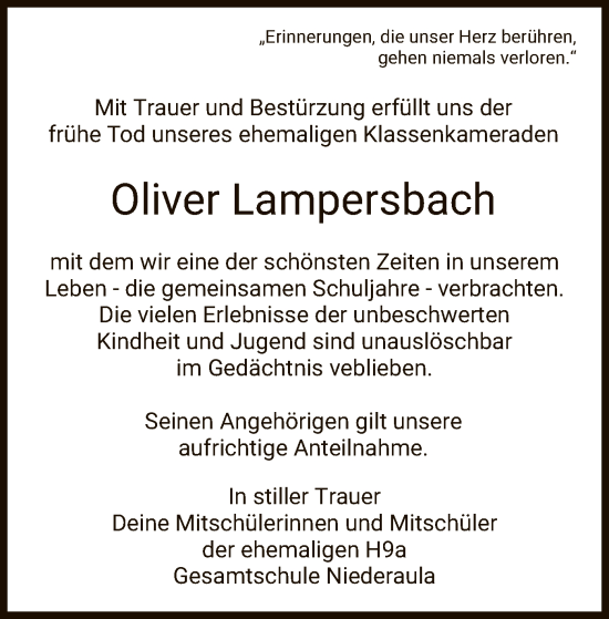 Traueranzeige von Oliver Lampersbach von HZ