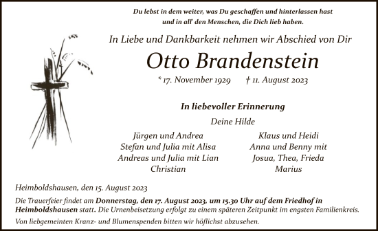 Traueranzeige von Otto Brandenstein von HZ