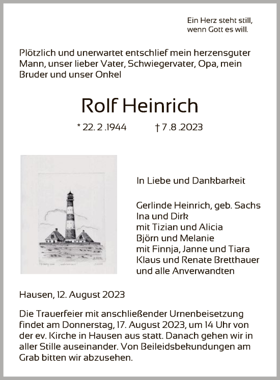 Traueranzeige von Rolf Heinrich von HZ