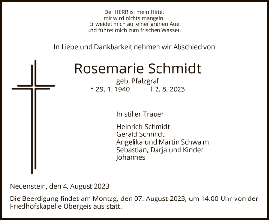 Traueranzeige von Rosemarie Schmidt von HZ