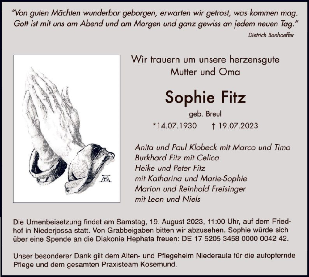  Traueranzeige für Sophie Fitz vom 12.08.2023 aus HZ