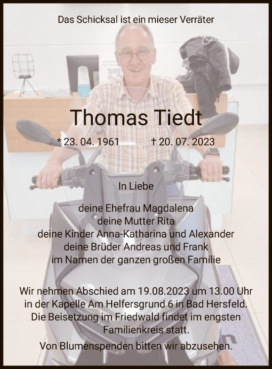Traueranzeige von Thomas Tiedt von HZ