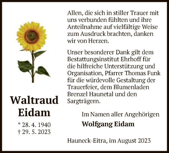 Traueranzeige von Waltraud Eidam von HZ