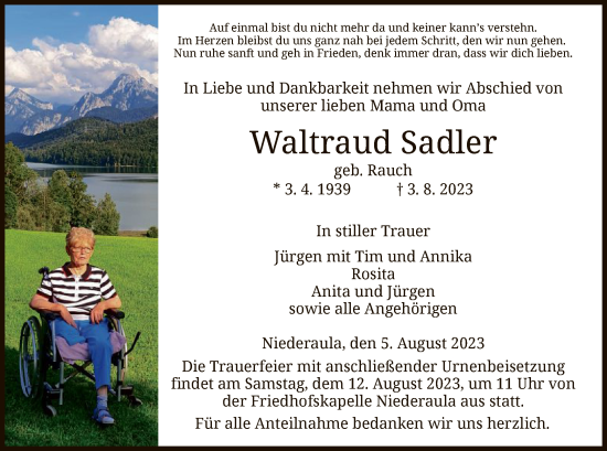 Traueranzeige von Waltraud Sadler von HZ