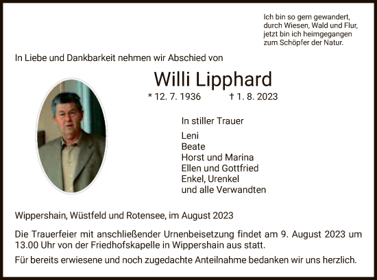 Traueranzeige von Willi Lipphard von HZ