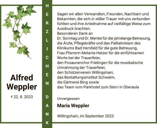 Traueranzeige von Alfred Weppler von HZ