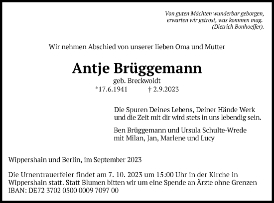 Traueranzeige von Antje Brüggemann von HZ