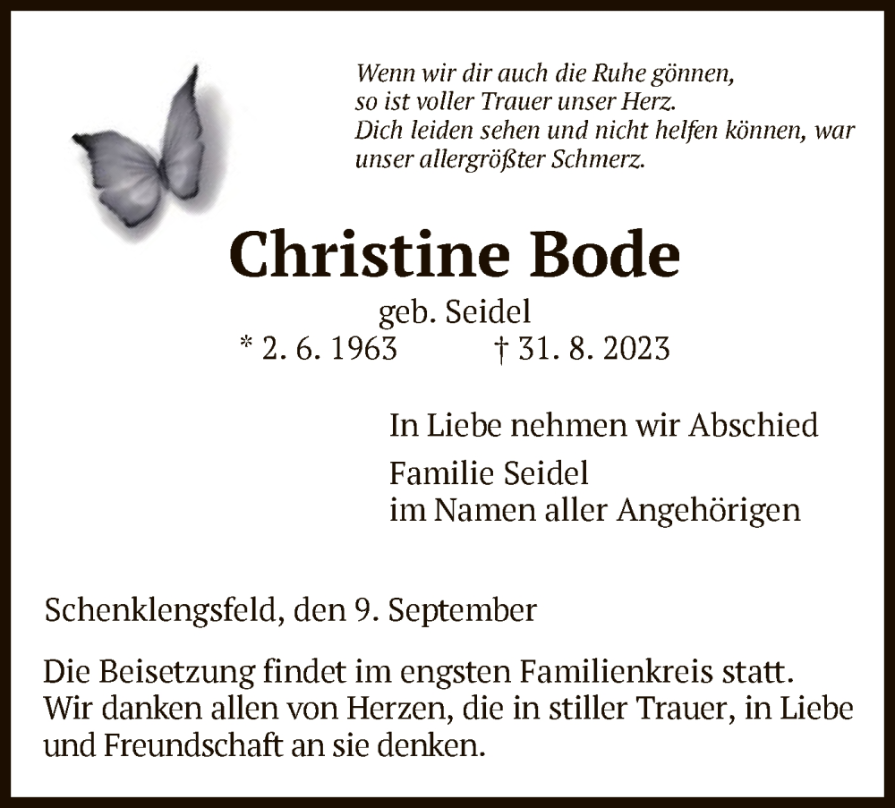 Traueranzeige für Christine Bode vom 09.09.2023 aus HZHNAHNA