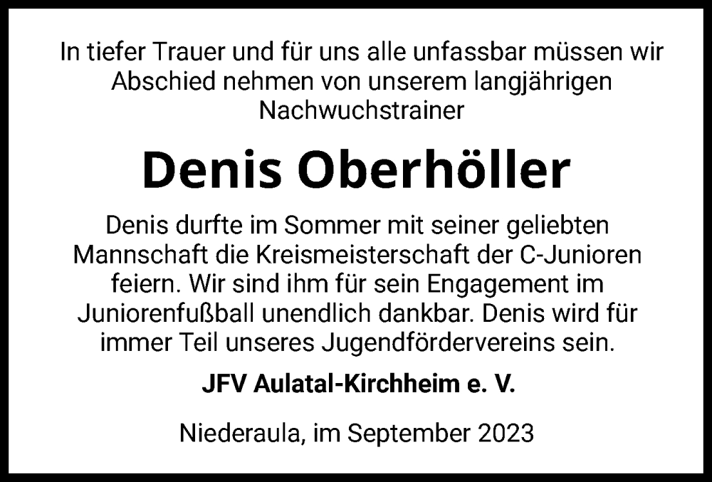  Traueranzeige für Denis Oberhöller vom 23.09.2023 aus HZ