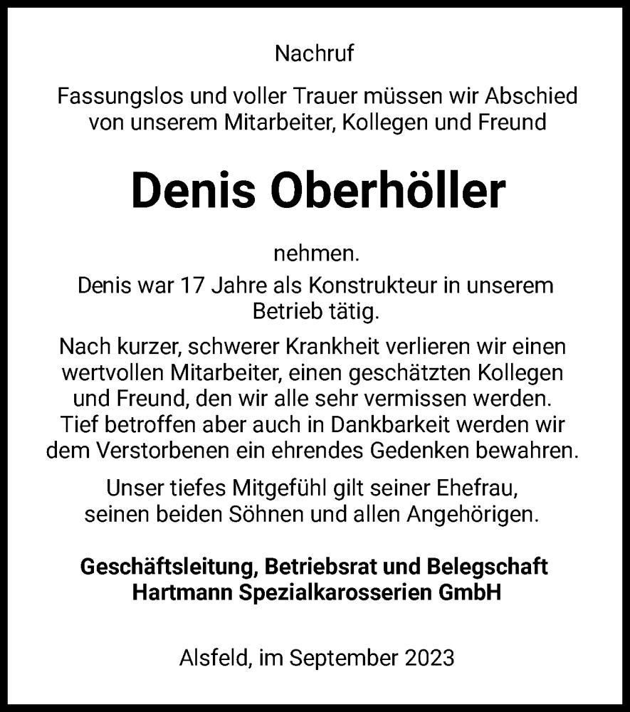  Traueranzeige für Denis Oberhöller vom 30.09.2023 aus HZ