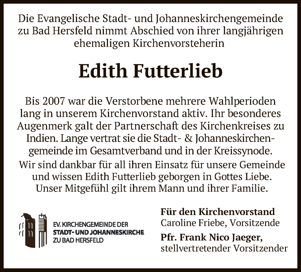  Traueranzeige für Edith Futterlieb vom 23.09.2023 aus HZ