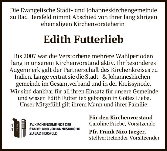 Traueranzeige von Edith Futterlieb von HZ