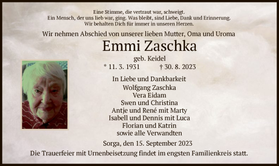 Traueranzeige von Emmi Zaschka von HZ