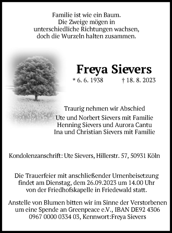 Traueranzeige von Freya Sievers von HZ