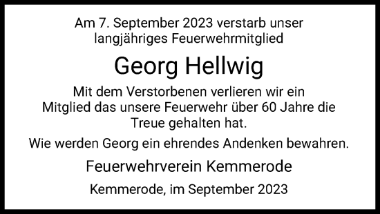 Traueranzeige von Georg Hellwig von HZ