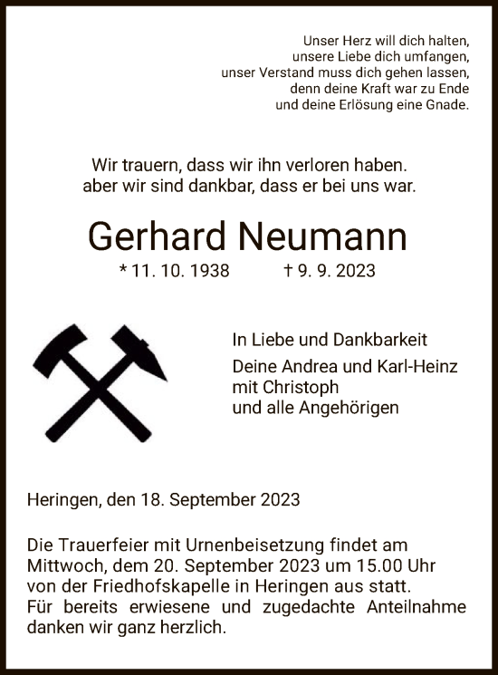 Traueranzeige von Gerhard Neumann von HZ