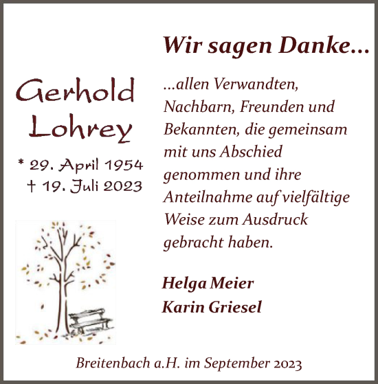 Traueranzeige von Gerhold Lohrey von HZ