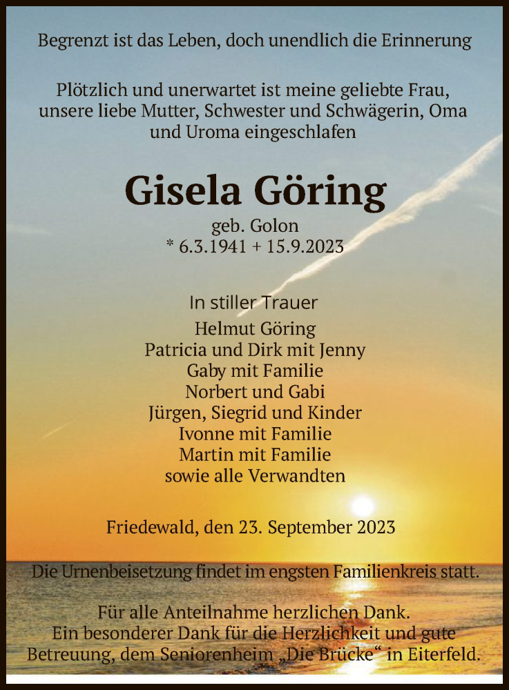  Traueranzeige für Gisela Göring vom 23.09.2023 aus HZ
