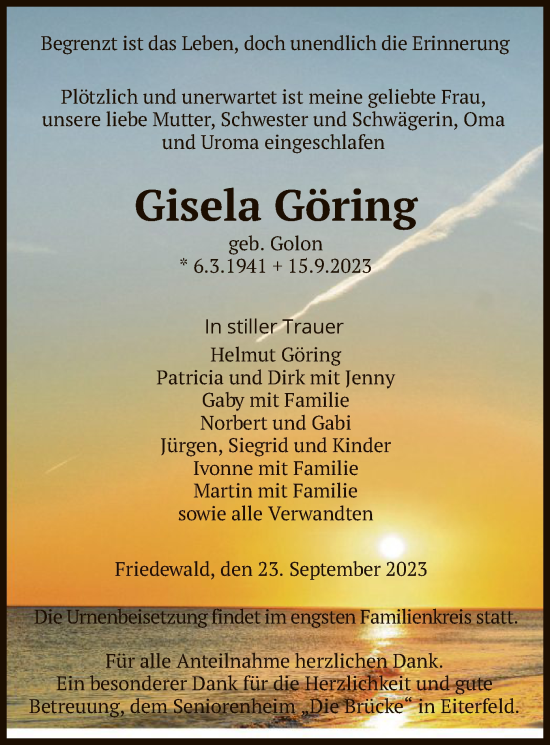 Traueranzeige von Gisela Göring von HZ
