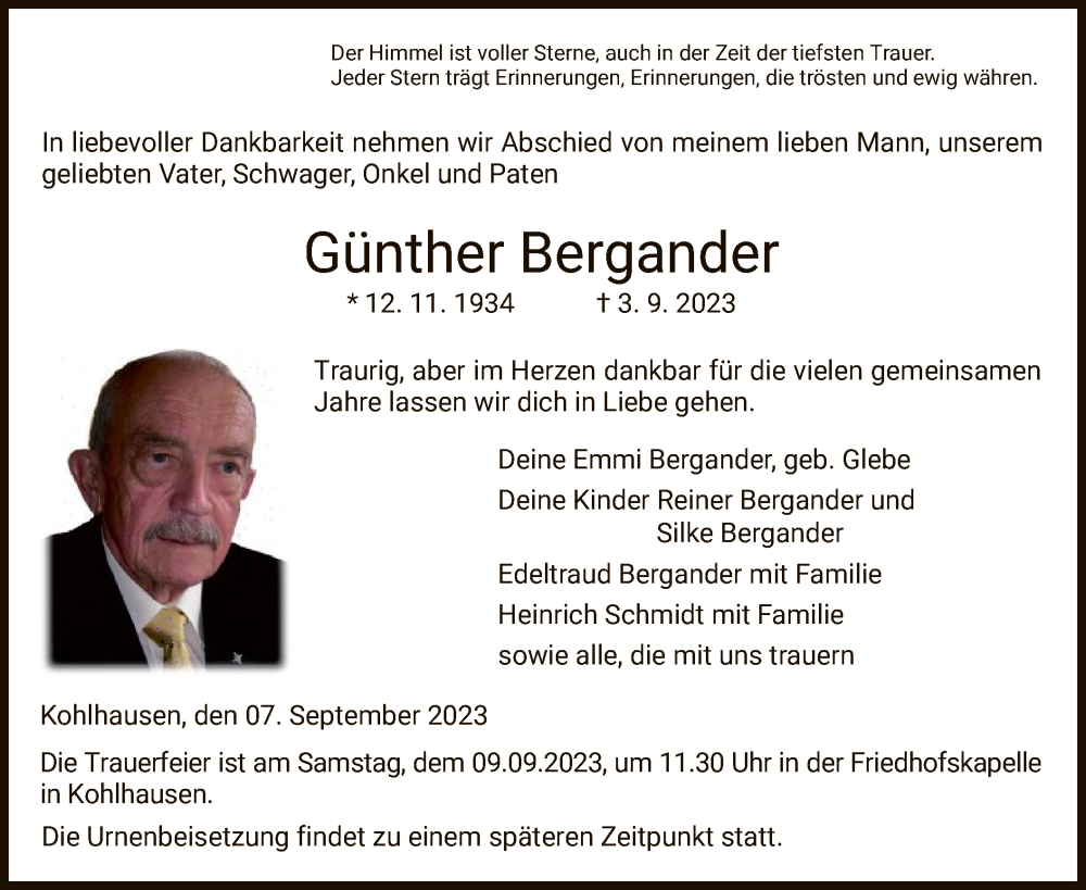  Traueranzeige für Günther Bergander vom 07.09.2023 aus HZ