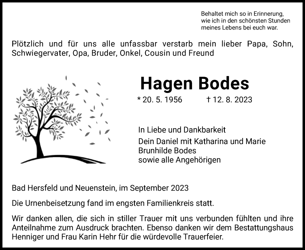  Traueranzeige für Hagen Bodes vom 02.09.2023 aus HZ