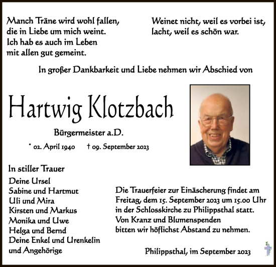 Traueranzeige von Hartwig Klotzbach von HZ