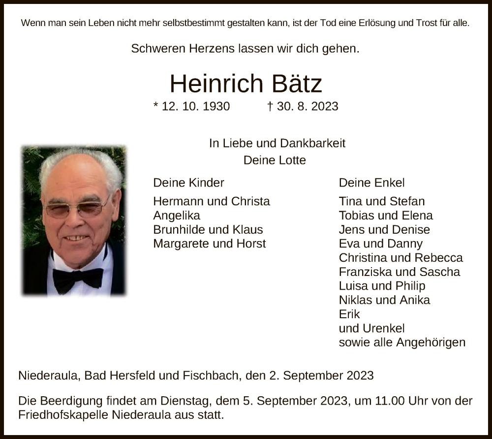  Traueranzeige für Heinrich Bätz vom 02.09.2023 aus HZ